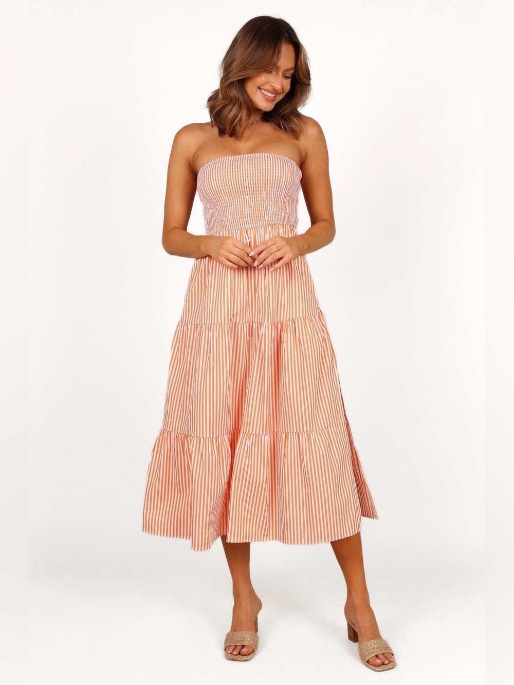 Petal & Pup Orange and White Maisie Strapless Smocked Tiered Midi Dress Small